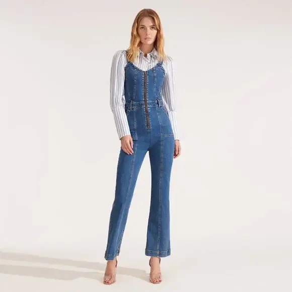 VERONICA BEARD Fayre Jumpsuit Denim Flare Leg Front Zip V Neck Blue NWT